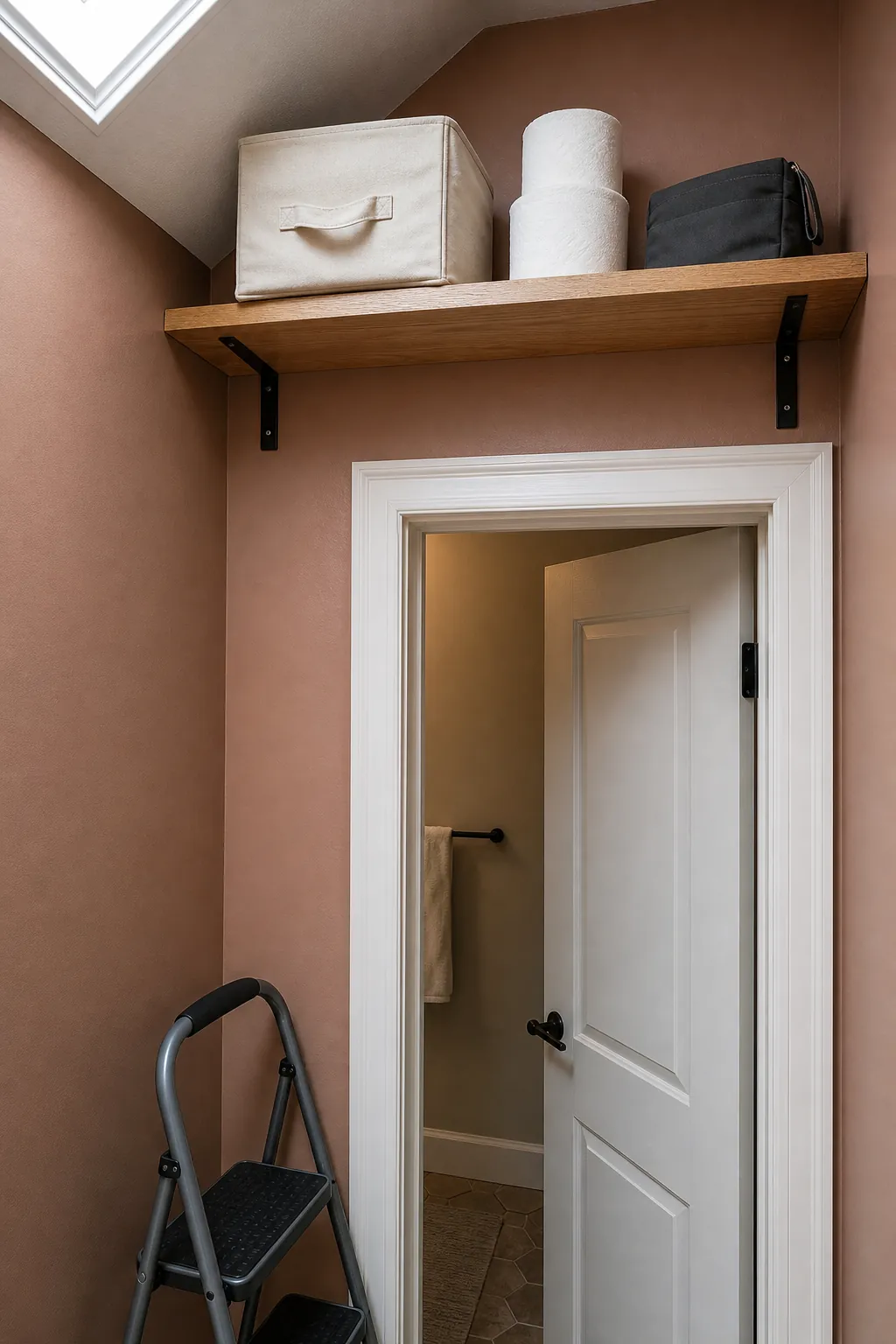 High shelf above a bathroom door holding lightweight backup supplies