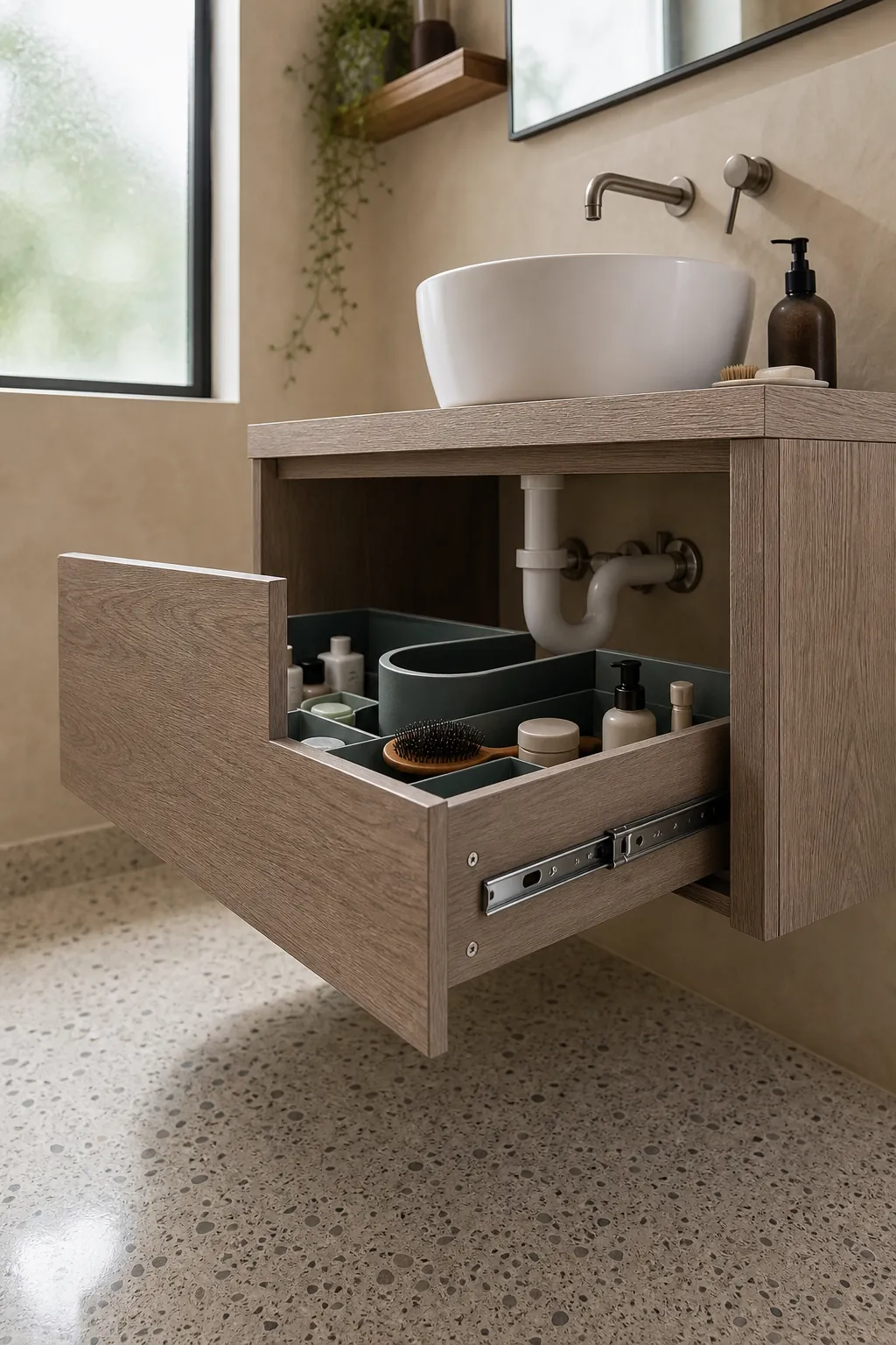 Floating vanity with a full-width drawer in a tiny bathroom