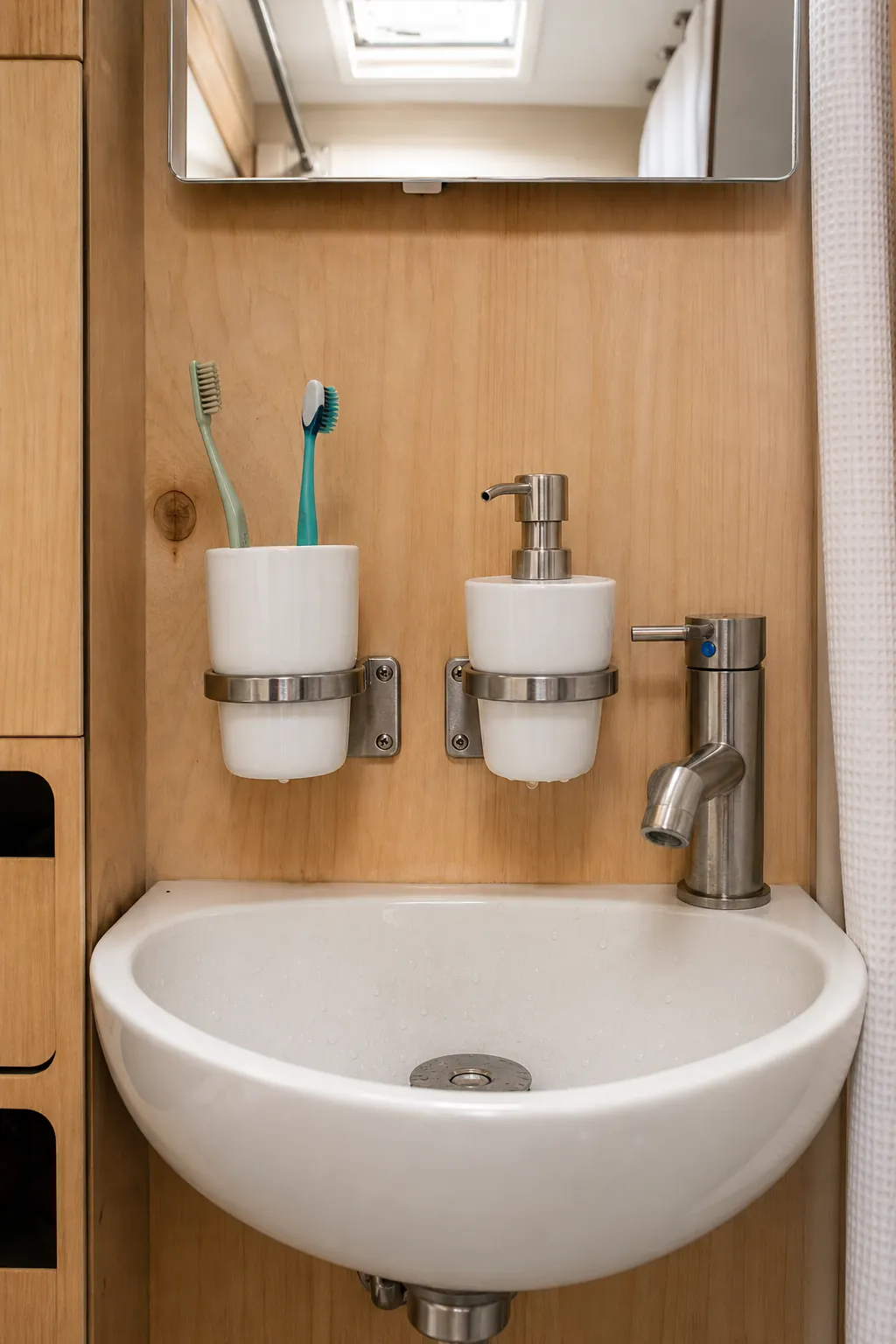 Wall-mounted toothbrush cup and soap dispenser above a small sink