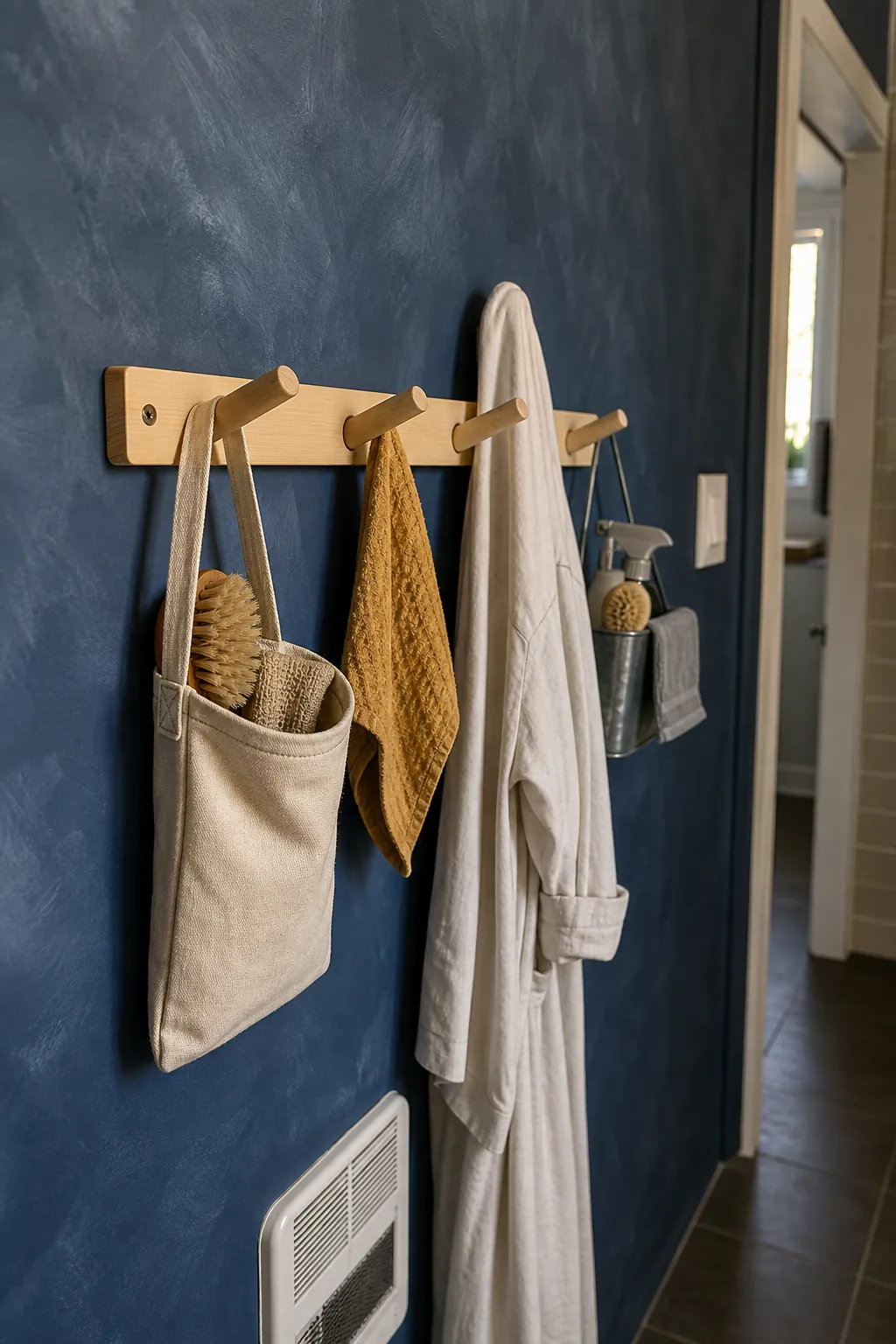 Simple peg rail holding a brush pouch and washcloth in a small bathroom