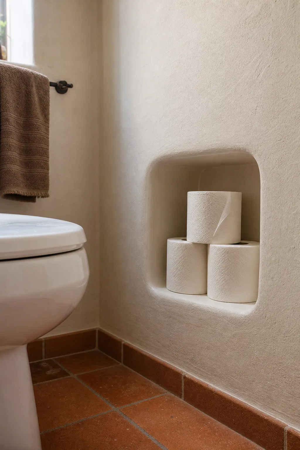 Small recessed niche storing toilet paper in a compact bathroom