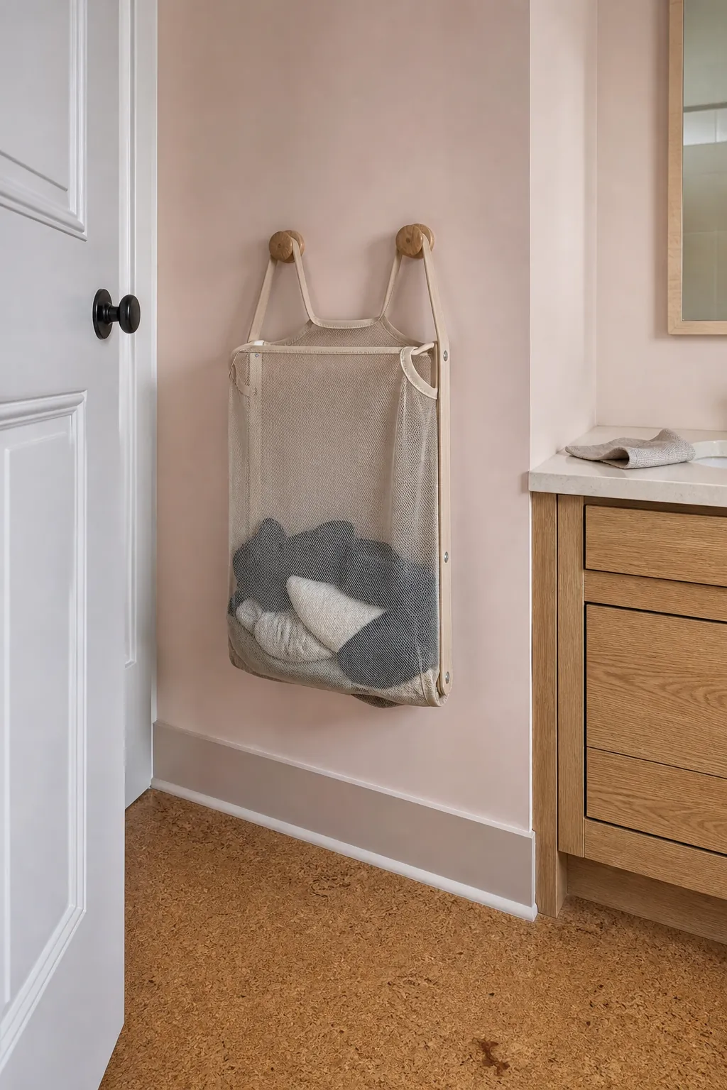 Ventilated fold-flat laundry hamper mounted on a bathroom wall