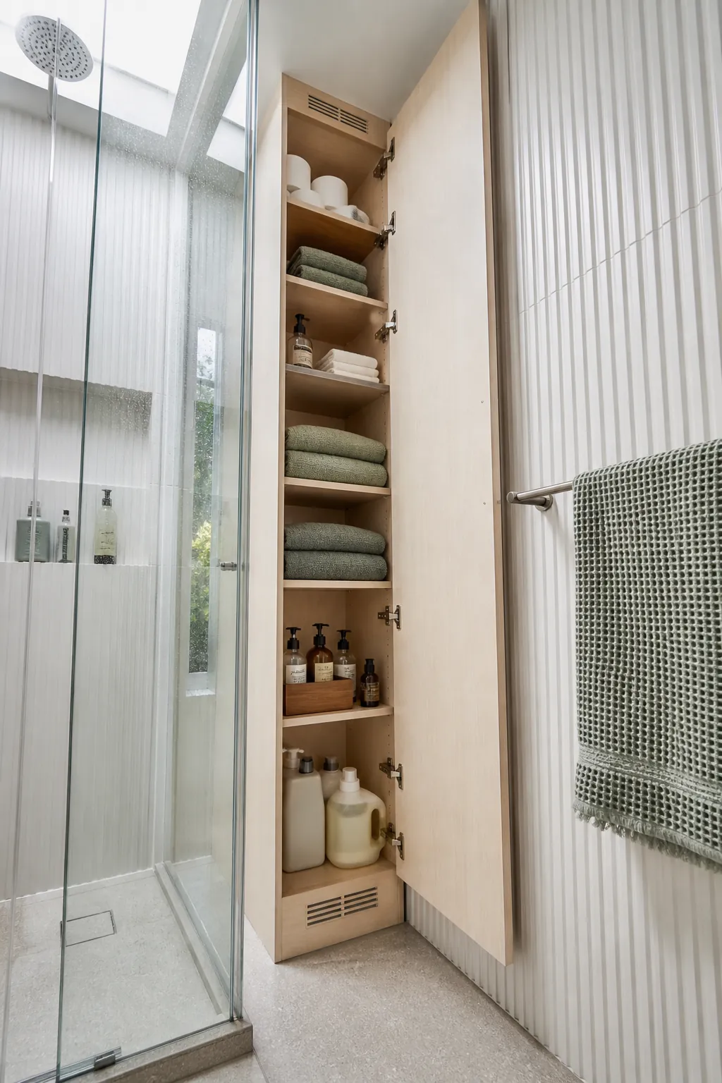 Tall shallow cabinet fitted beside a tiny home shower