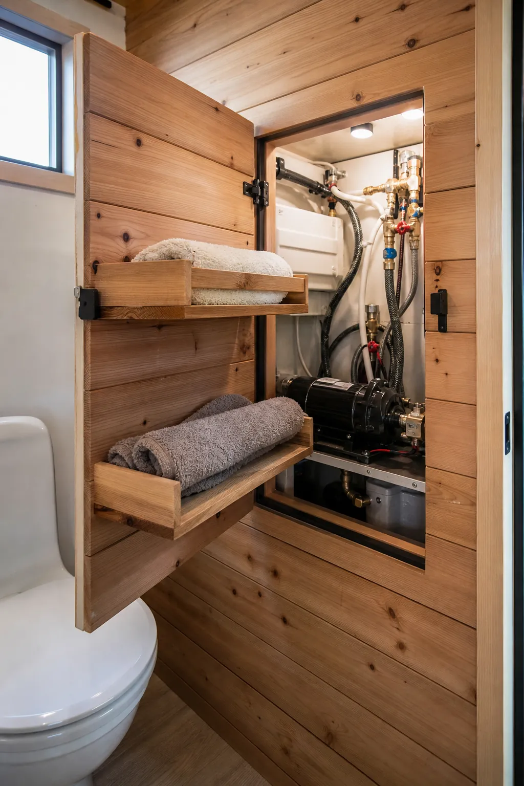 Swing-out bathroom shelves preserving access to plumbing equipment
