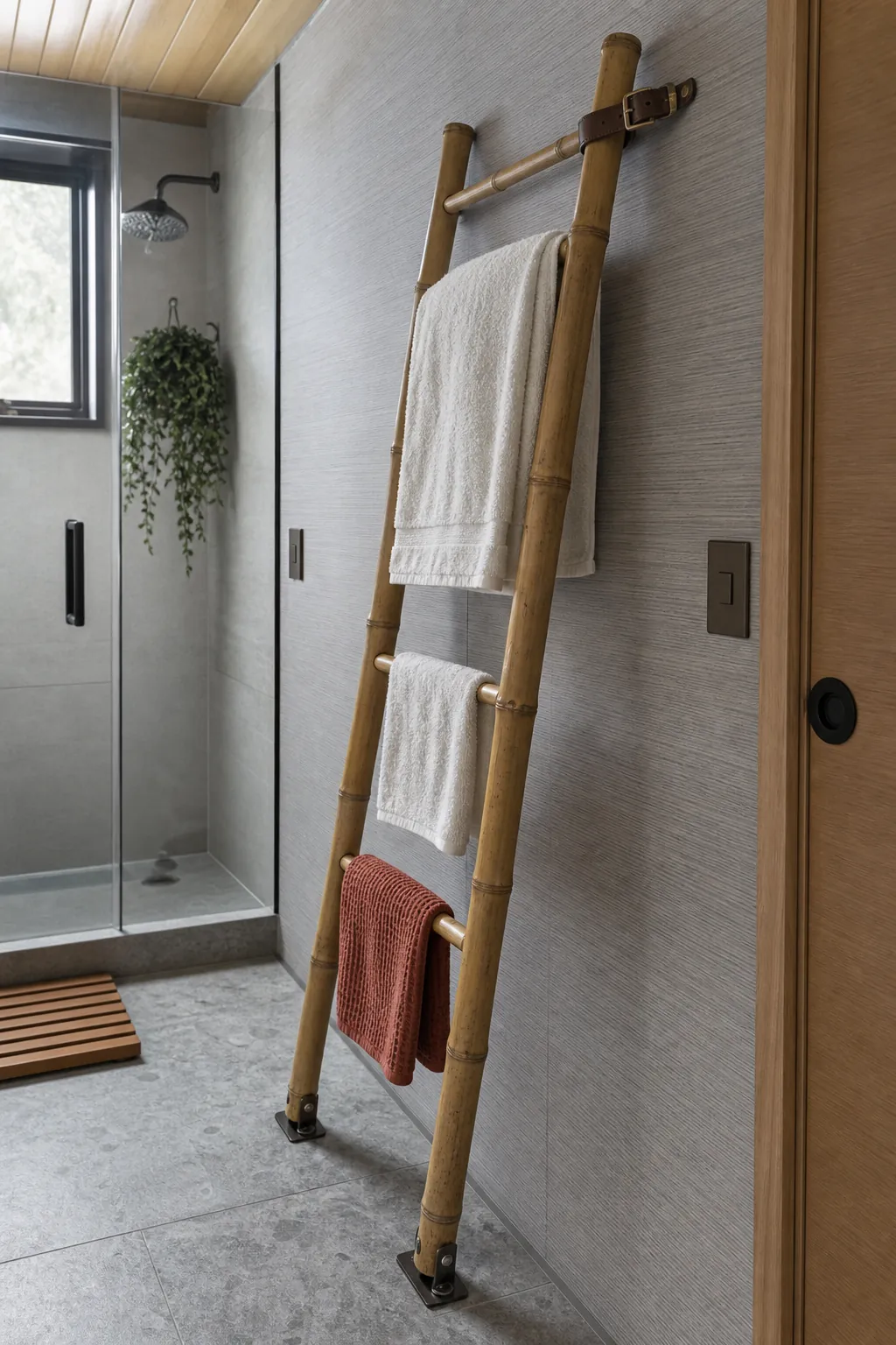 Narrow wall-leaning towel ladder with well-spaced linens
