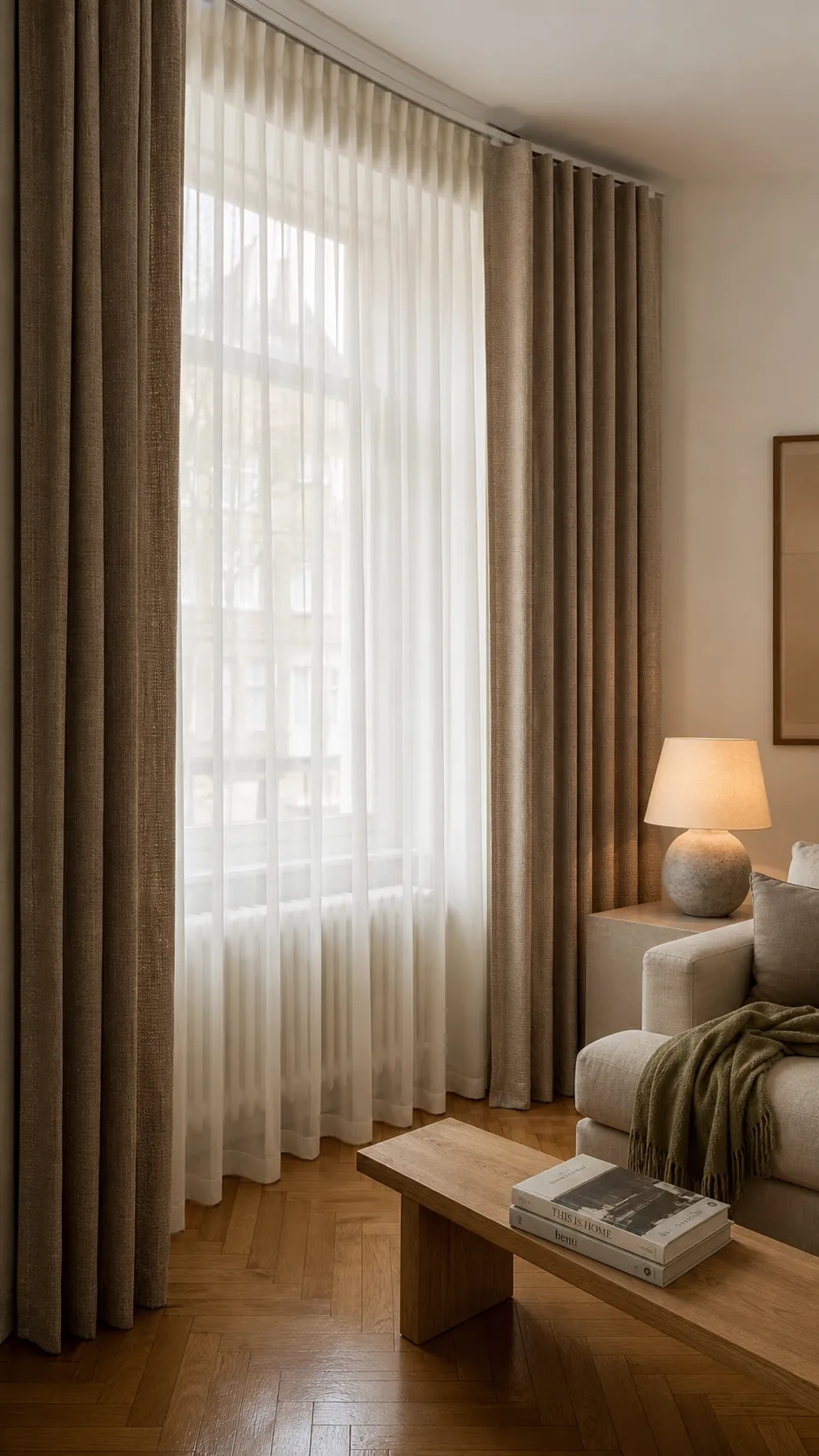 Sheer curtains layered behind textured neutral drapes