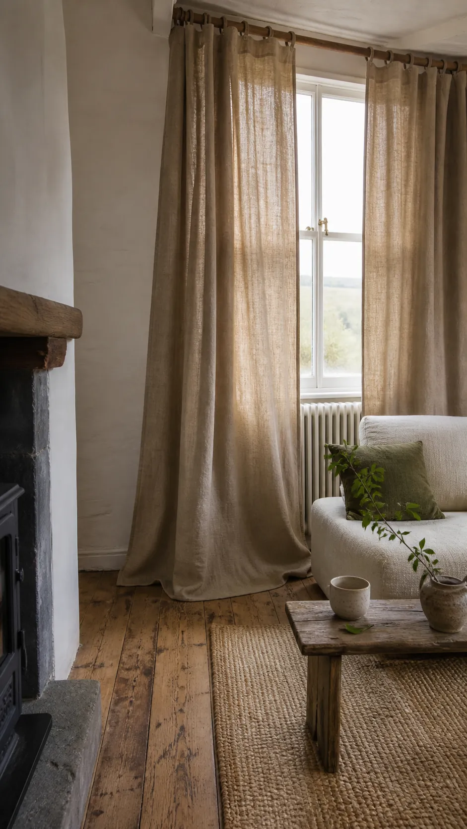 Warm flax washed-linen curtains softening a bright living room