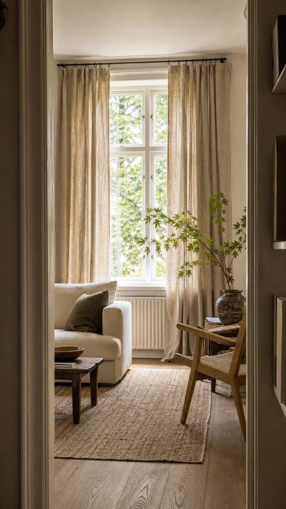 Soft warm-neutral house curtains filtering daylight in a comfortable home