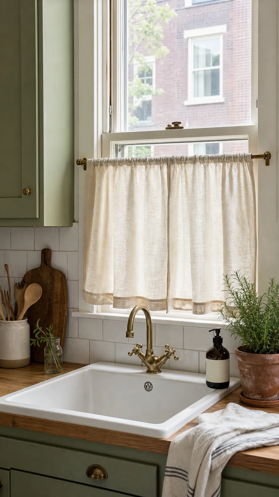 Soft linen café curtains covering the lower half of a kitchen window