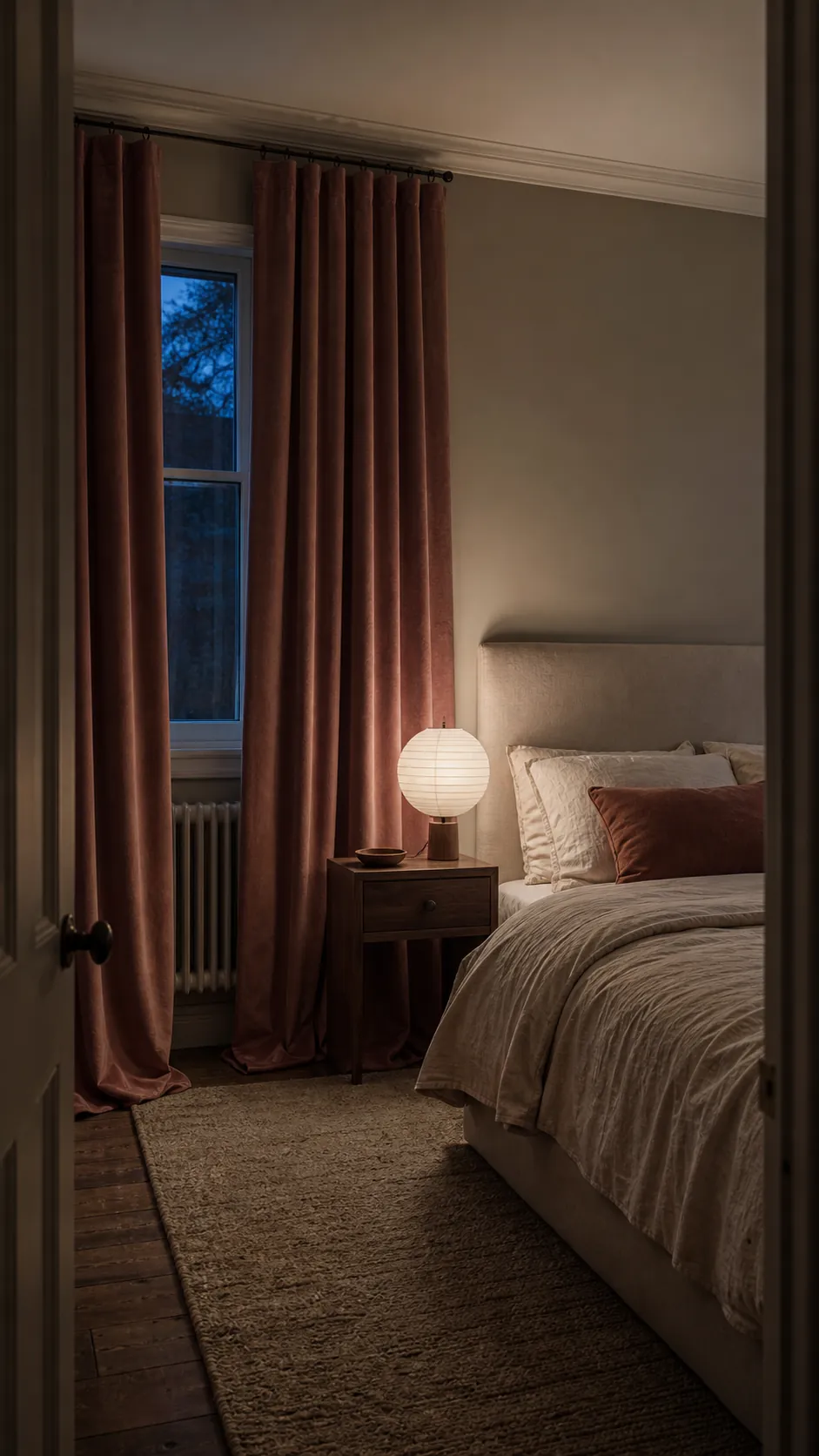 Dusty rose velvet curtains creating a soft bedroom atmosphere