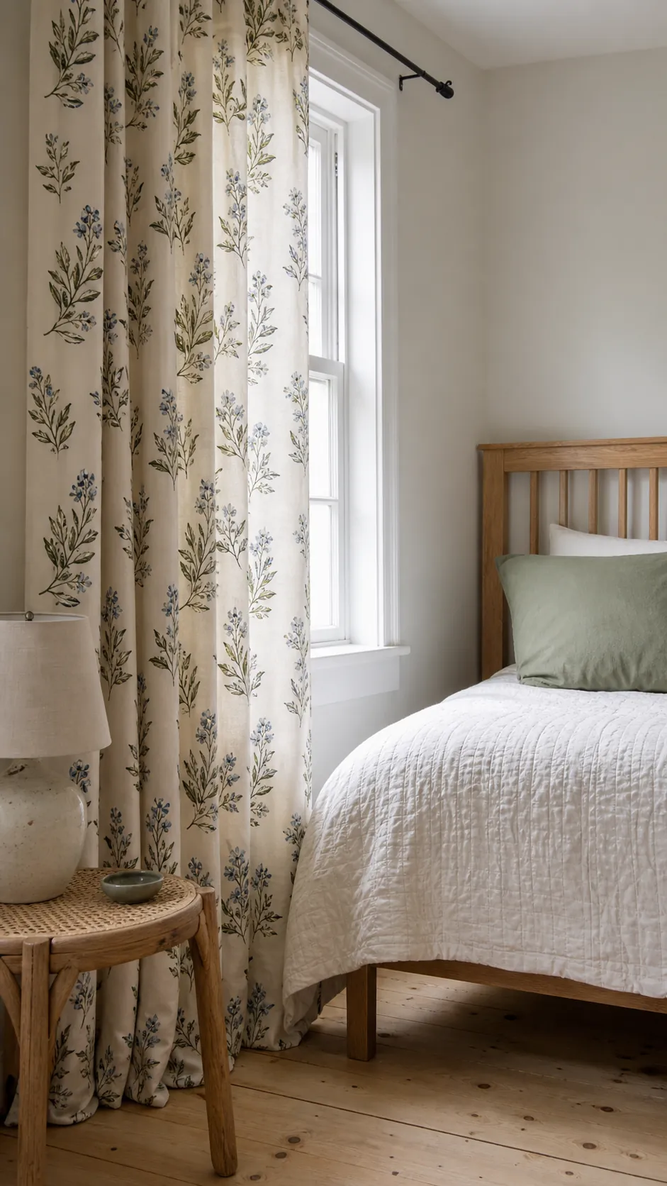 Small botanical floral curtains softening a neutral guest room