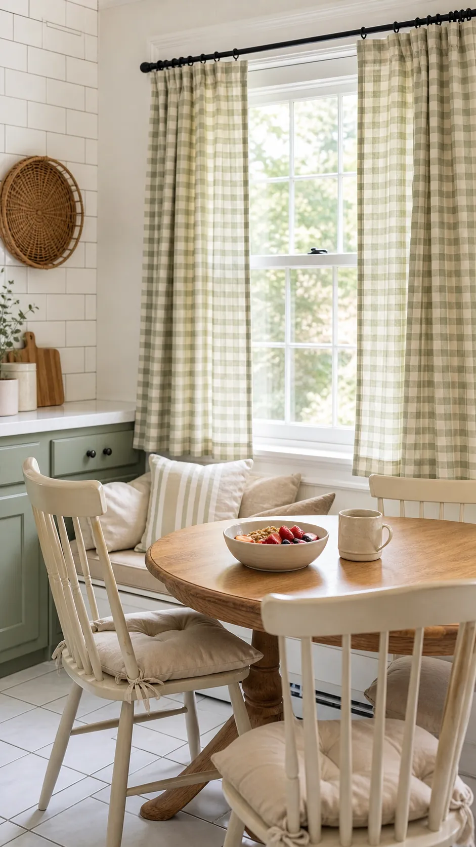 Sage gingham curtains adding softness to a breakfast nook