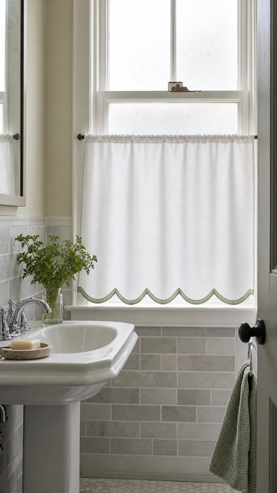 Scalloped café curtains softening a bright bathroom window
