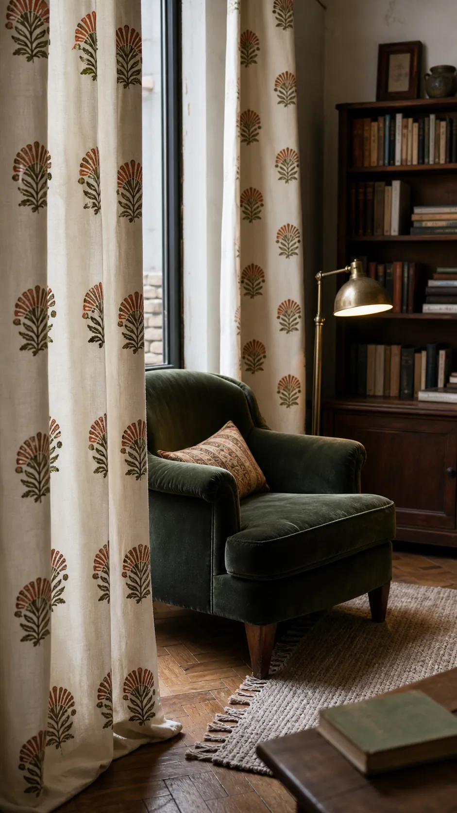 Muted block-print curtains framing a cozy reading nook