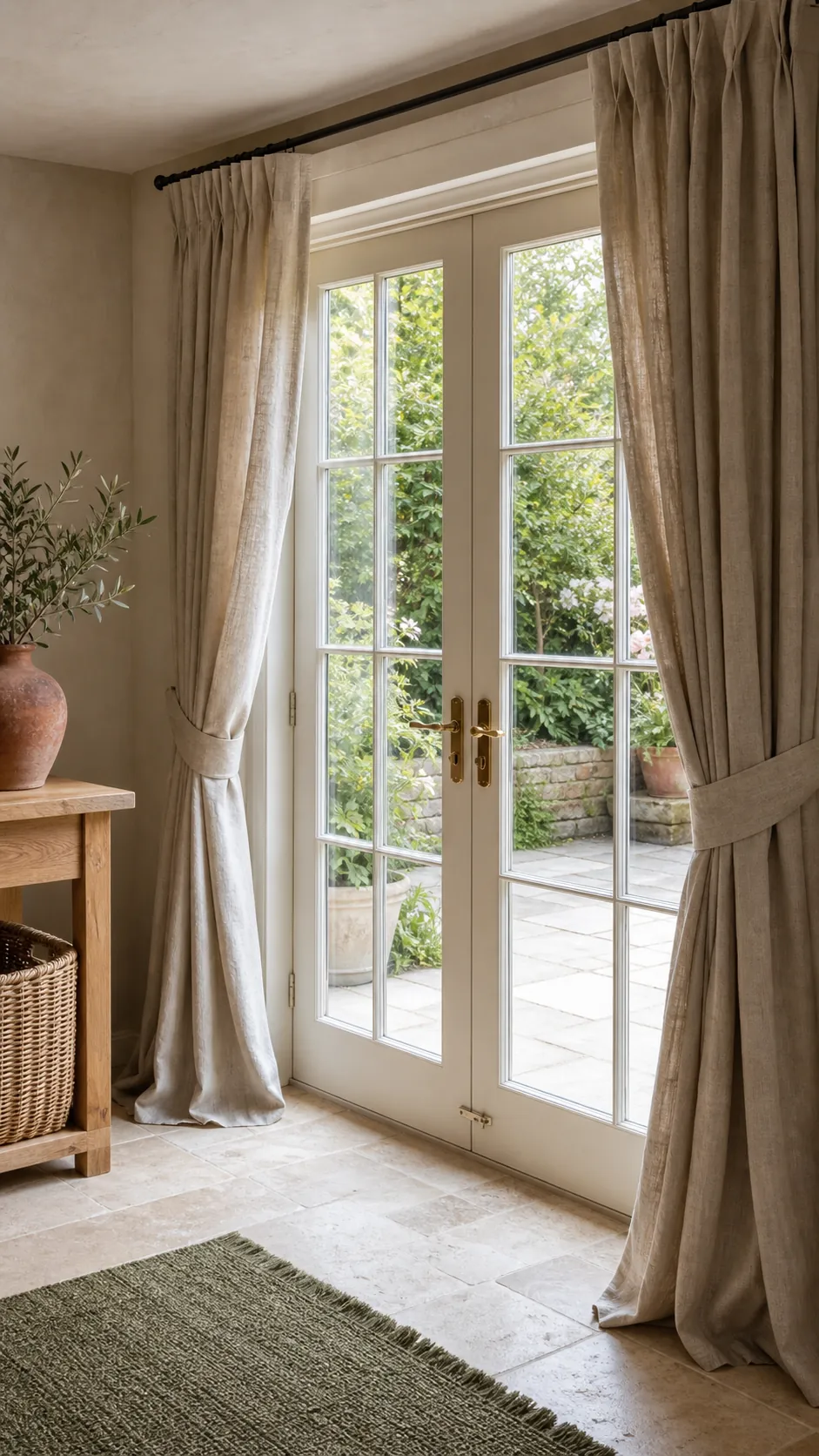 Loose linen curtains tied back at French doors