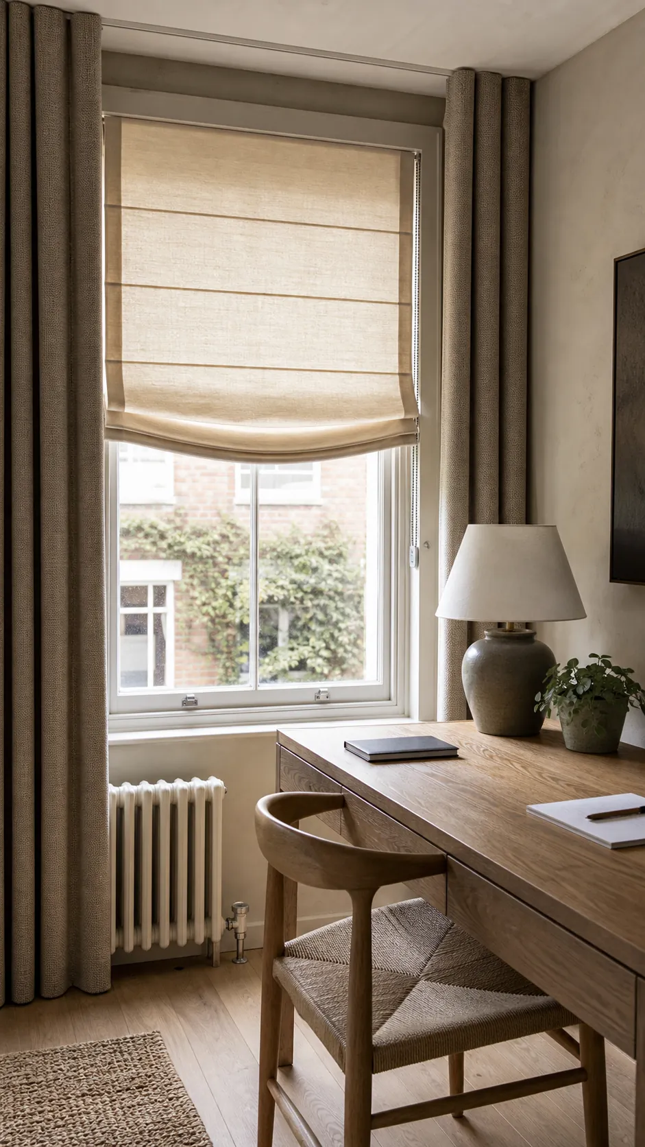 Relaxed Roman shade paired with soft stationary side panels