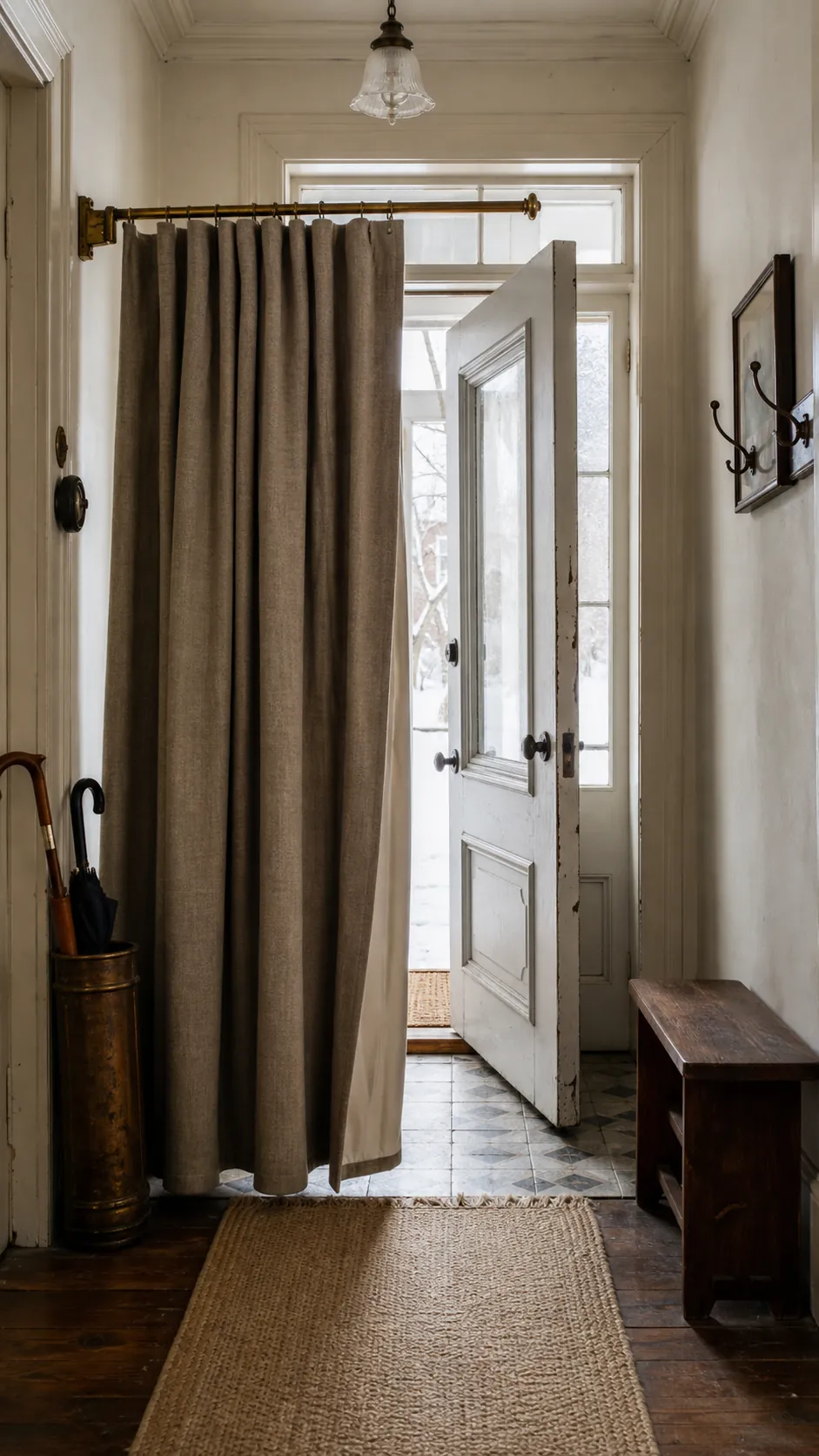 Lined neutral curtain softening a drafty interior doorway