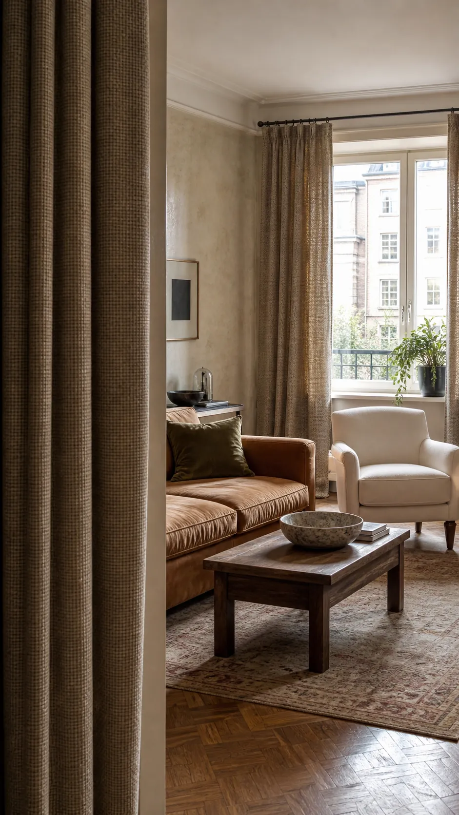 Tone-on-tone woven curtains adding quiet softness to a living room