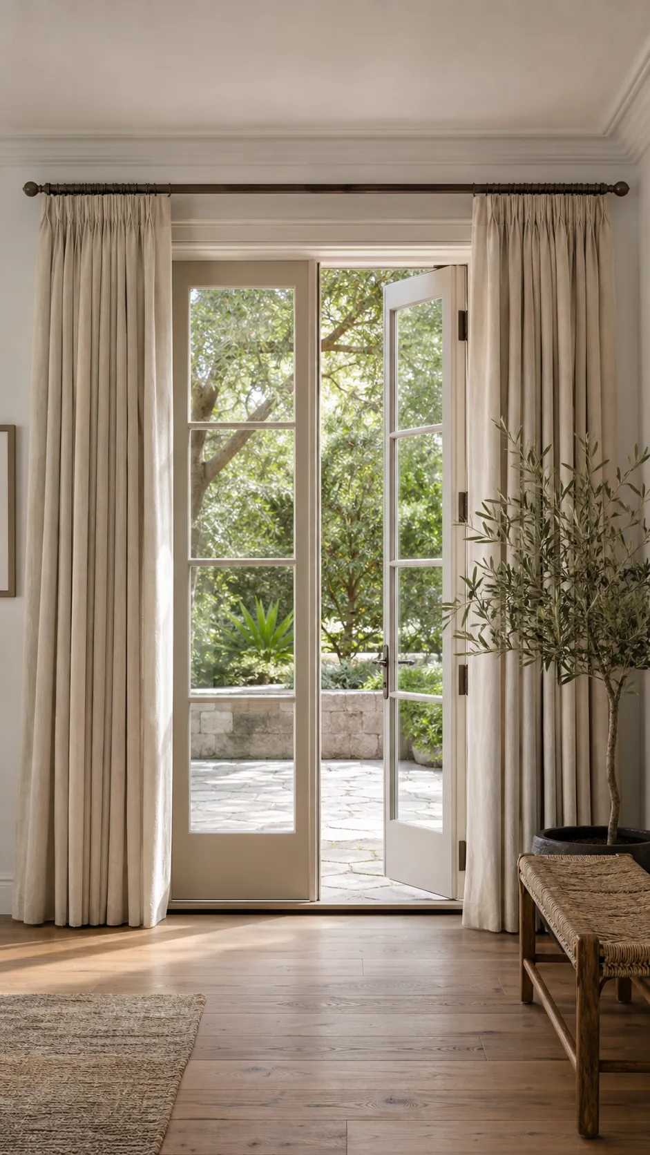 Elegant linen curtains framing bright French doors opening to a green patio