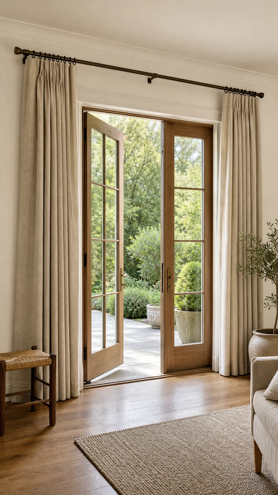 High and wide natural linen drapes framing French patio doors