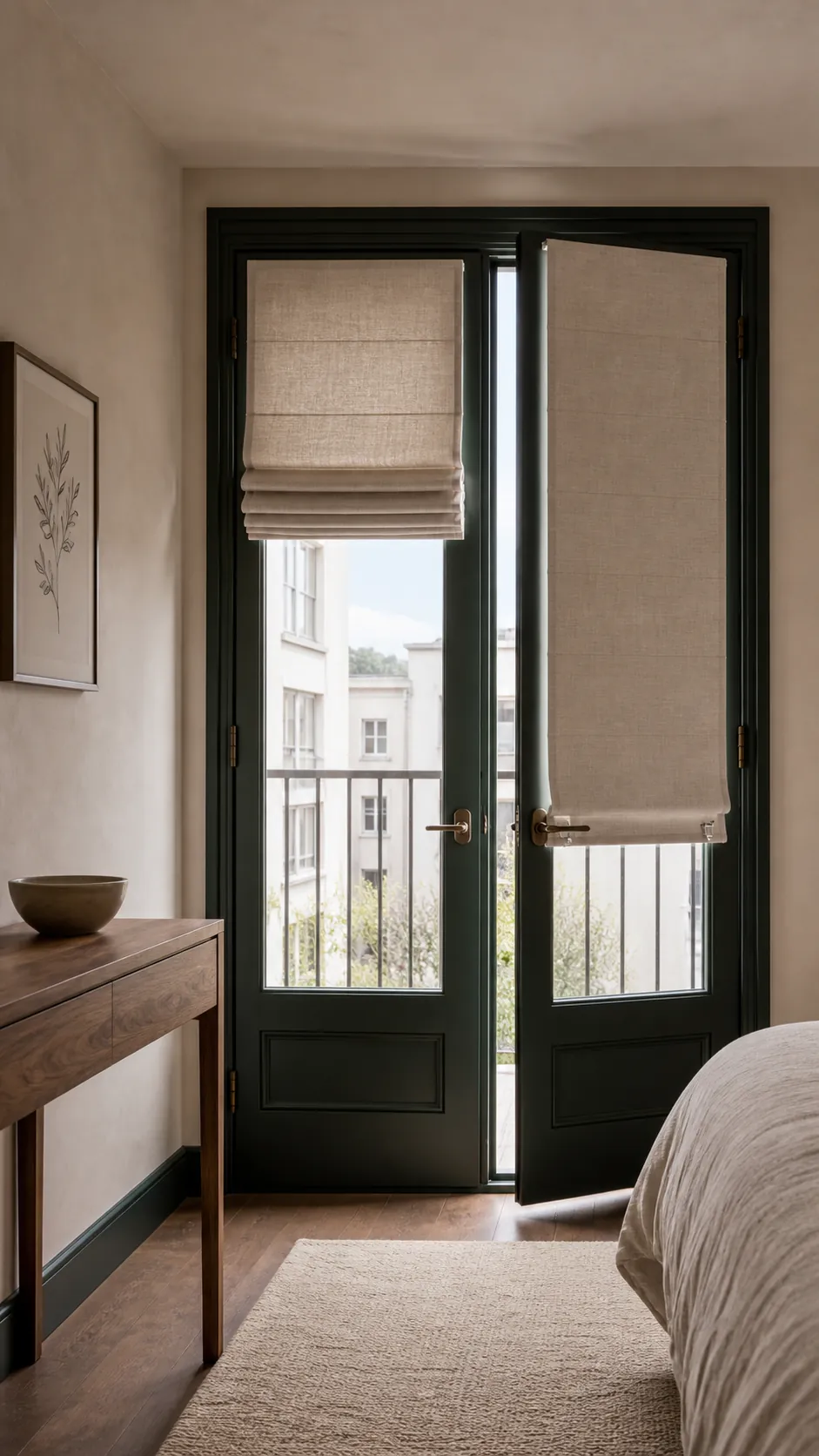 Relaxed linen Roman shades fitted neatly to French patio doors