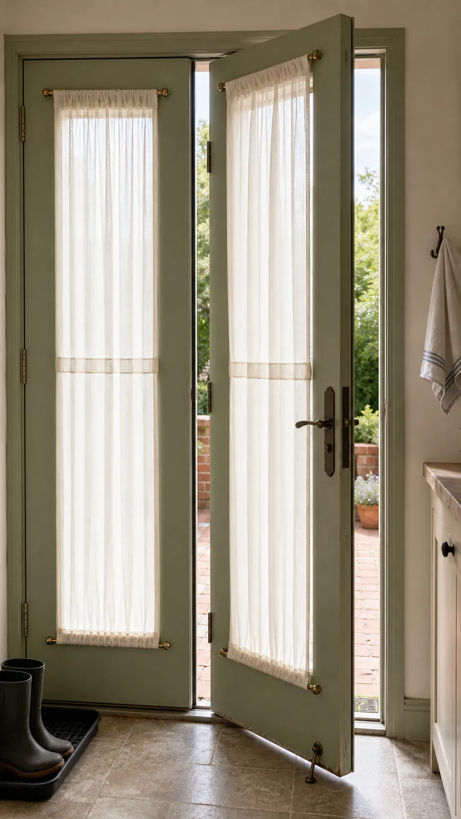 White door-mounted sash curtain panels secured at top and bottom