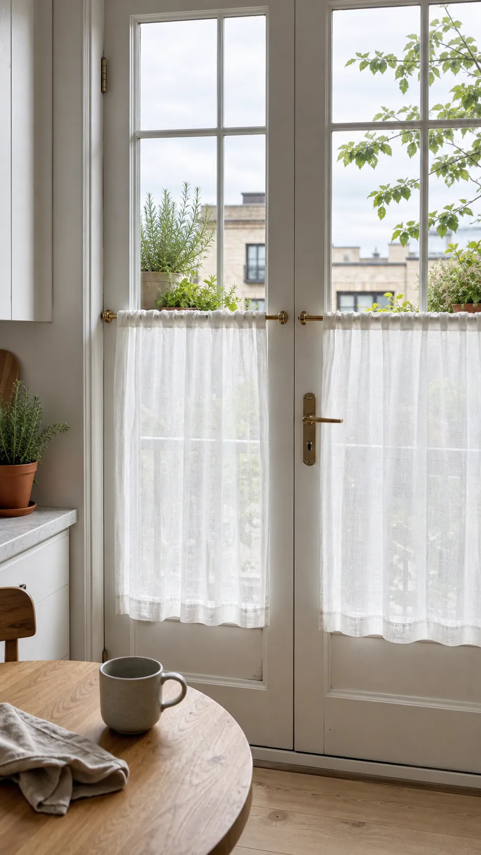 Sheer white café curtains covering the lower panes of French doors
