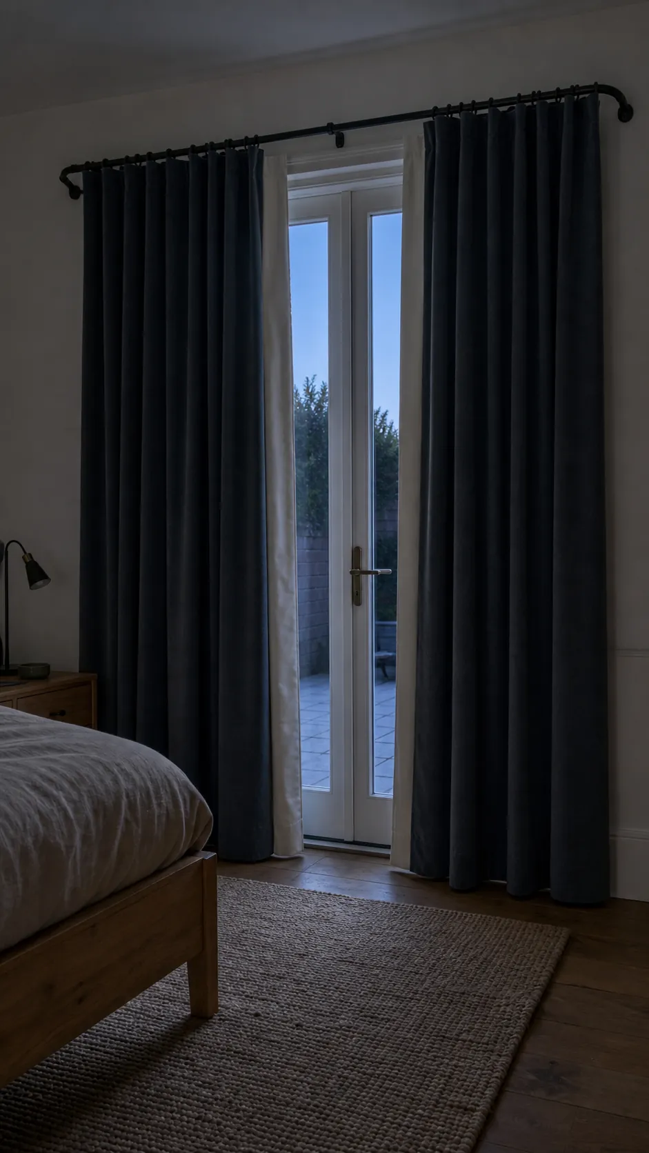 Deep blue blackout drapes wrapping French doors on a return rod