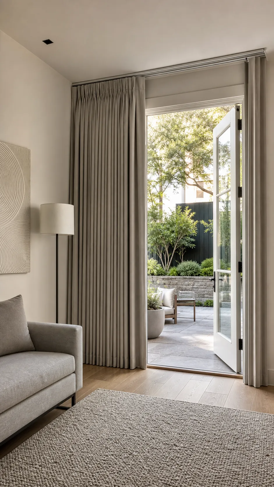 Ceiling-track pinch pleat drapes spanning wide French patio doors