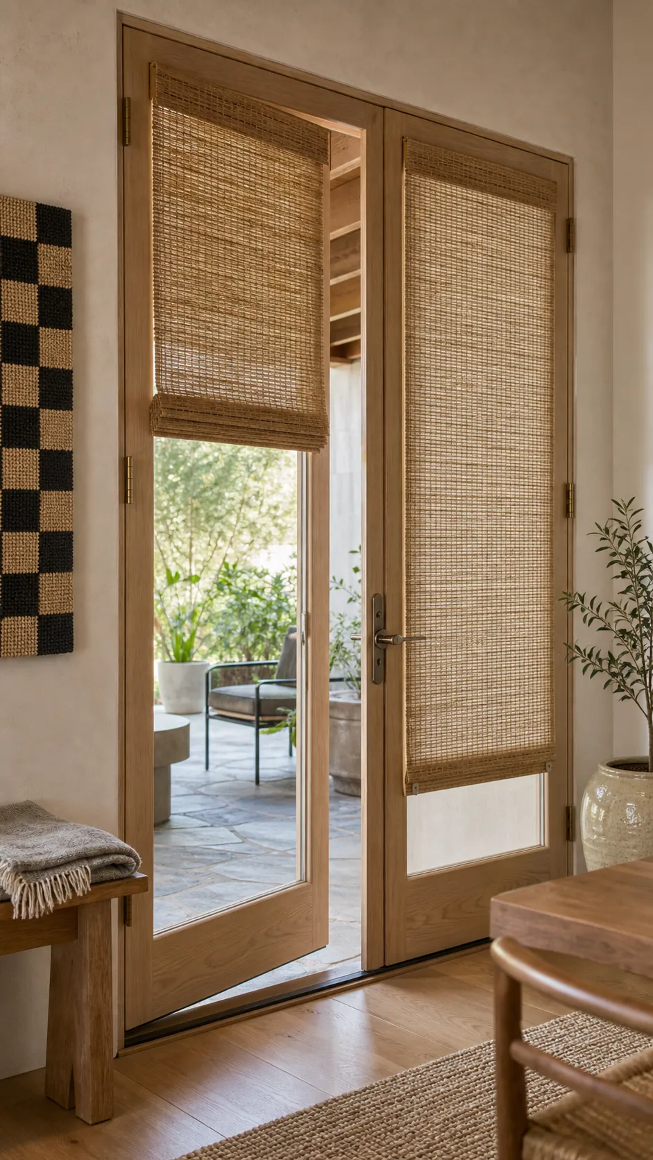 Cordless woven wood shades mounted on glass French doors