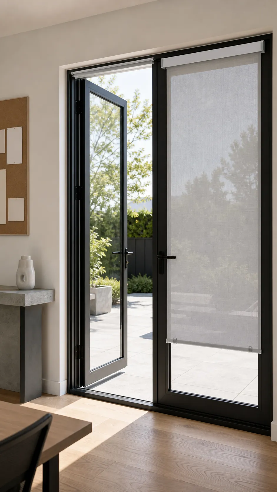 Slim light-filtering roller shades on modern French patio doors