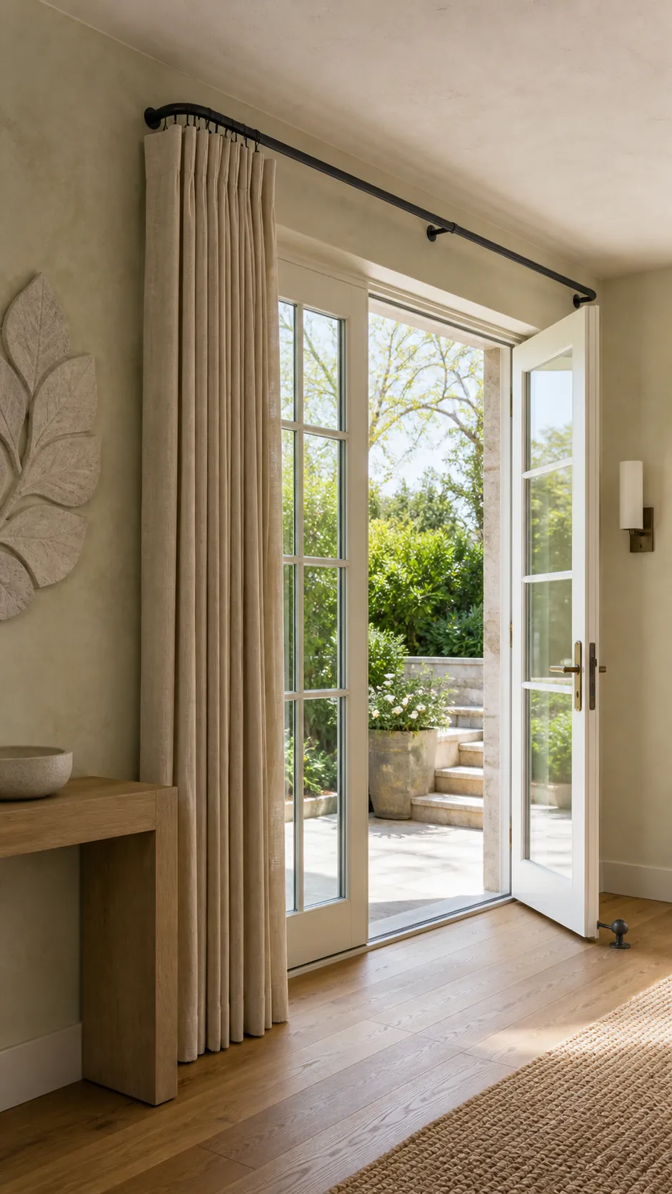 One-way curtain draw stacked beside the inactive French door
