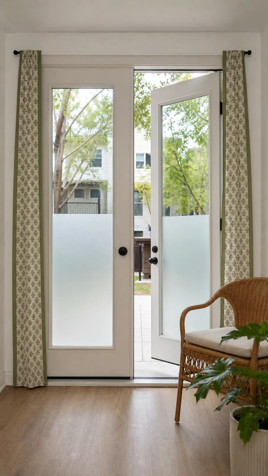 Half-height frosted privacy film with slim side curtain panels