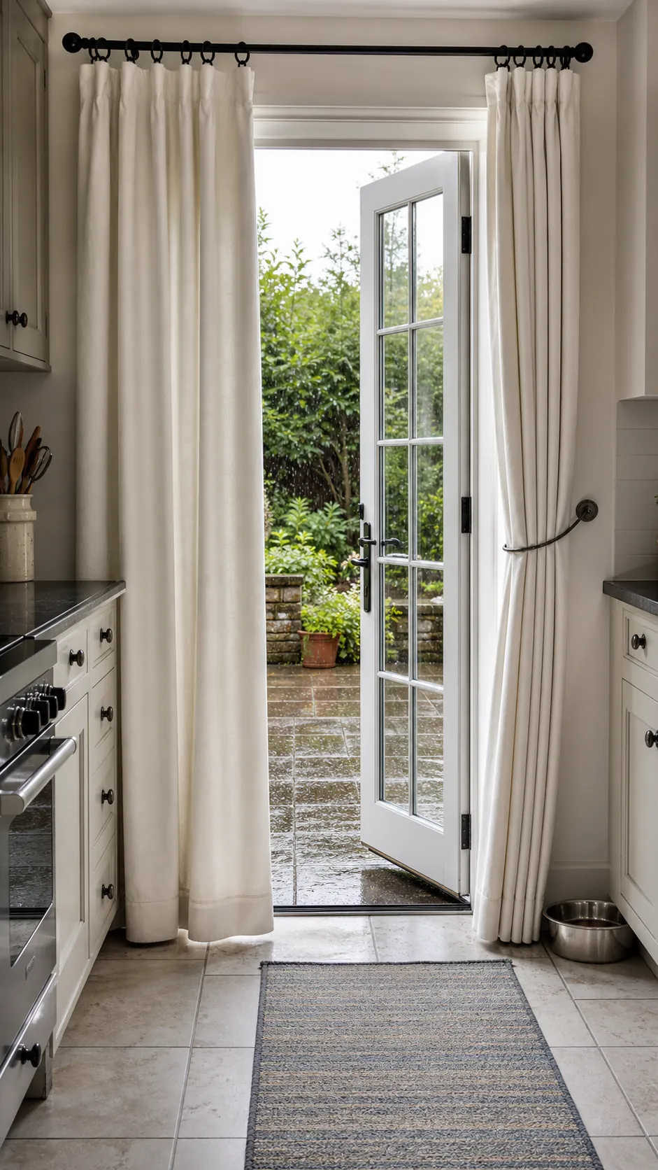 Washable cotton curtains beside busy kitchen French doors