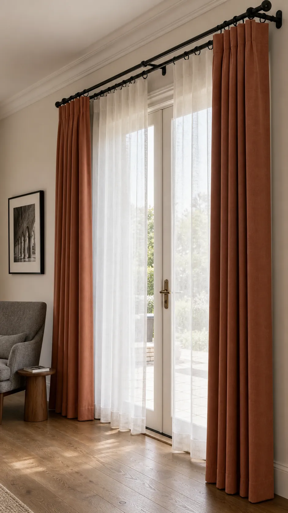 Sheer and lined curtain layers on a double rod over French doors