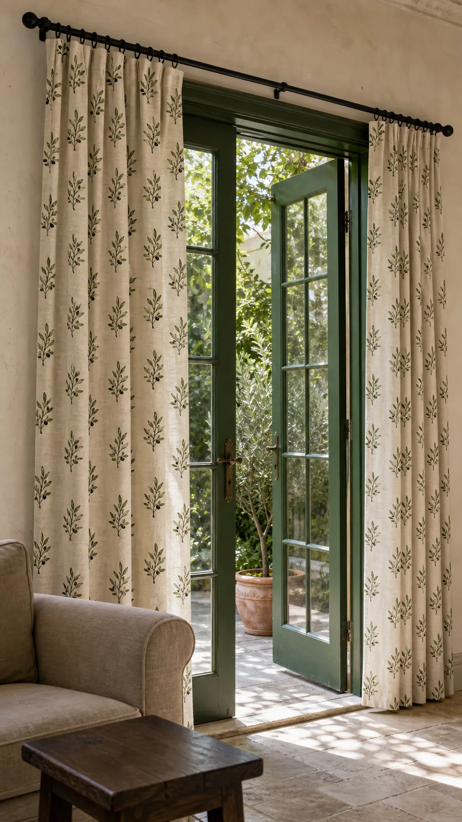 Subtle botanical print curtain panels framing green patio doors