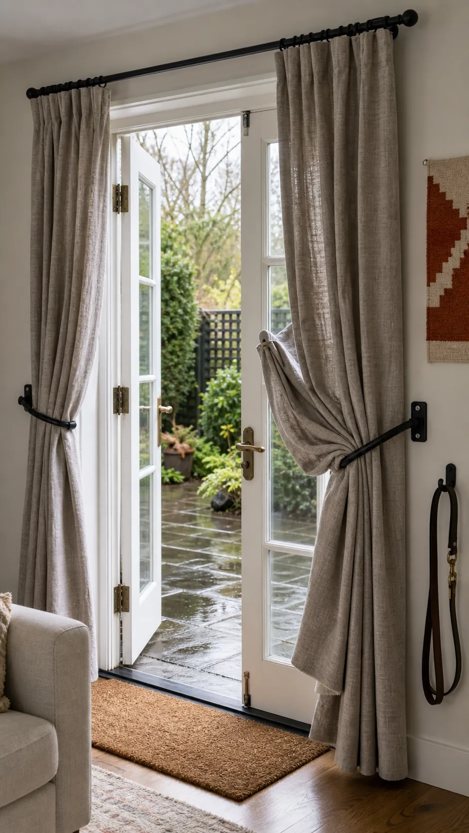 Simple metal holdbacks securing curtains clear of French patio doors
