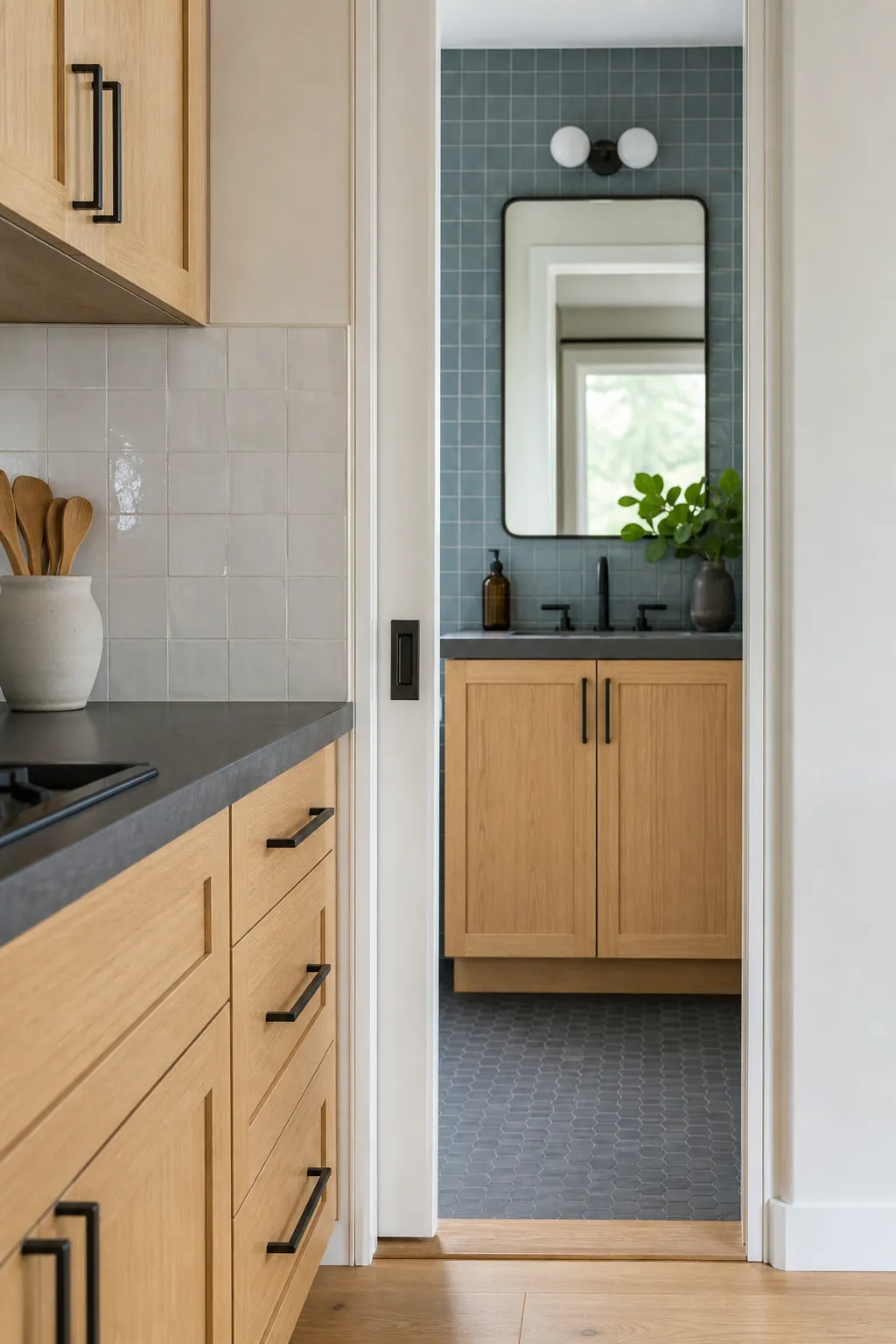 Tiny home kitchen and bathroom connected by consistent finishes
