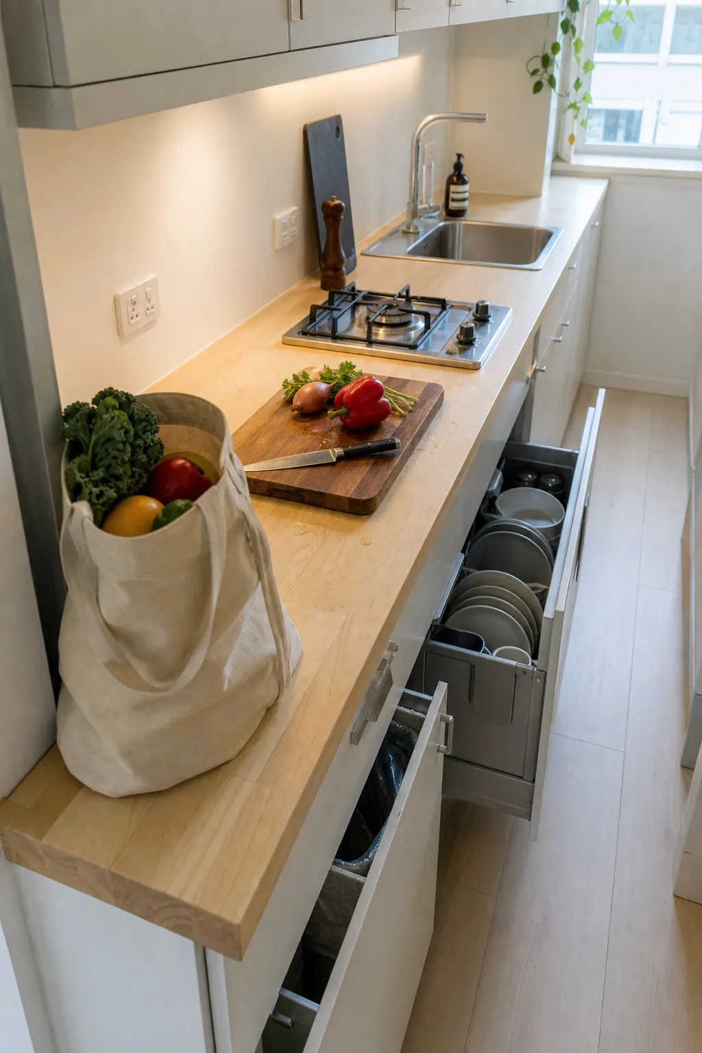 Functional compact kitchen arranged around a clear cooking routine