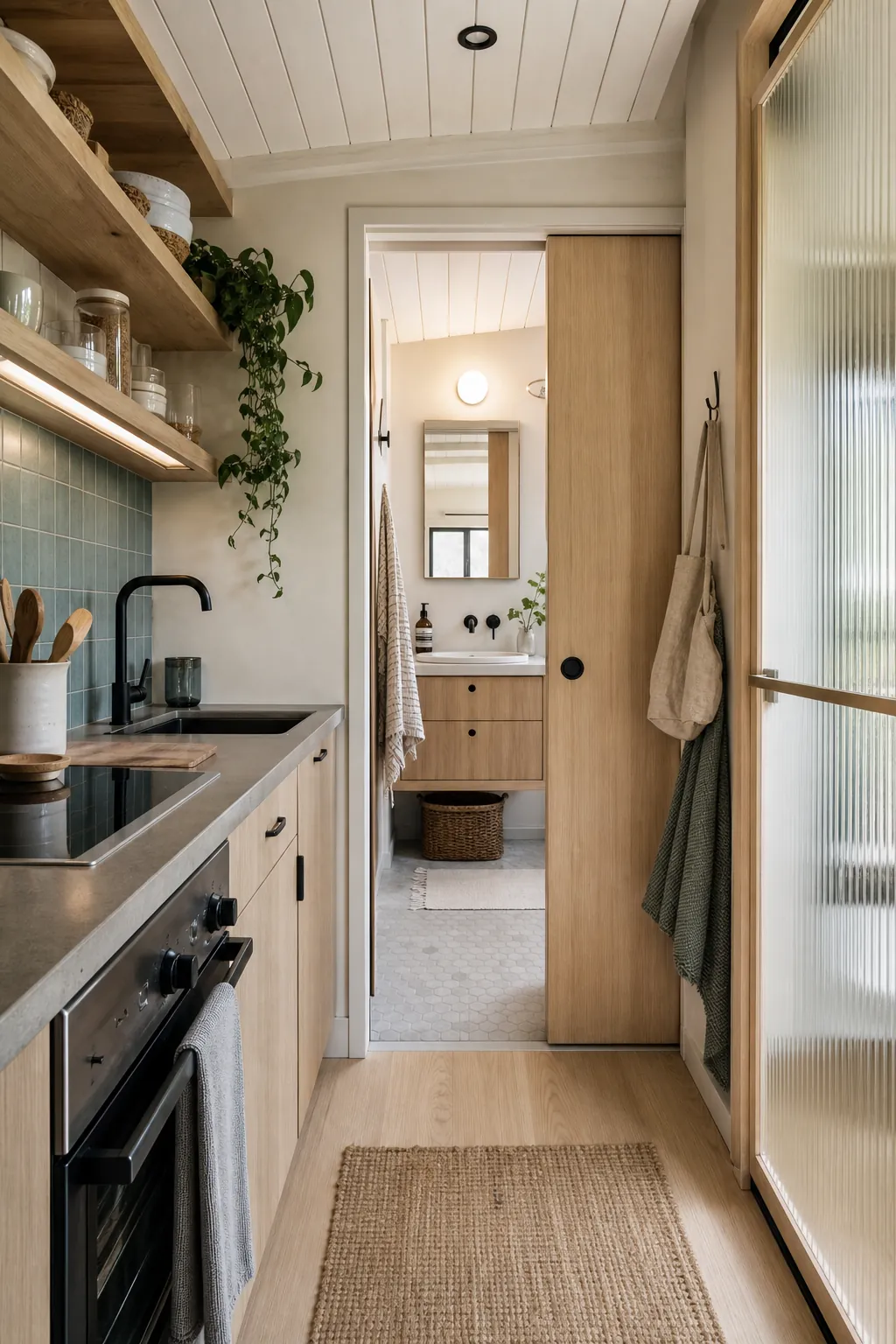 Cohesive tiny home kitchen and bathroom with considered finishes