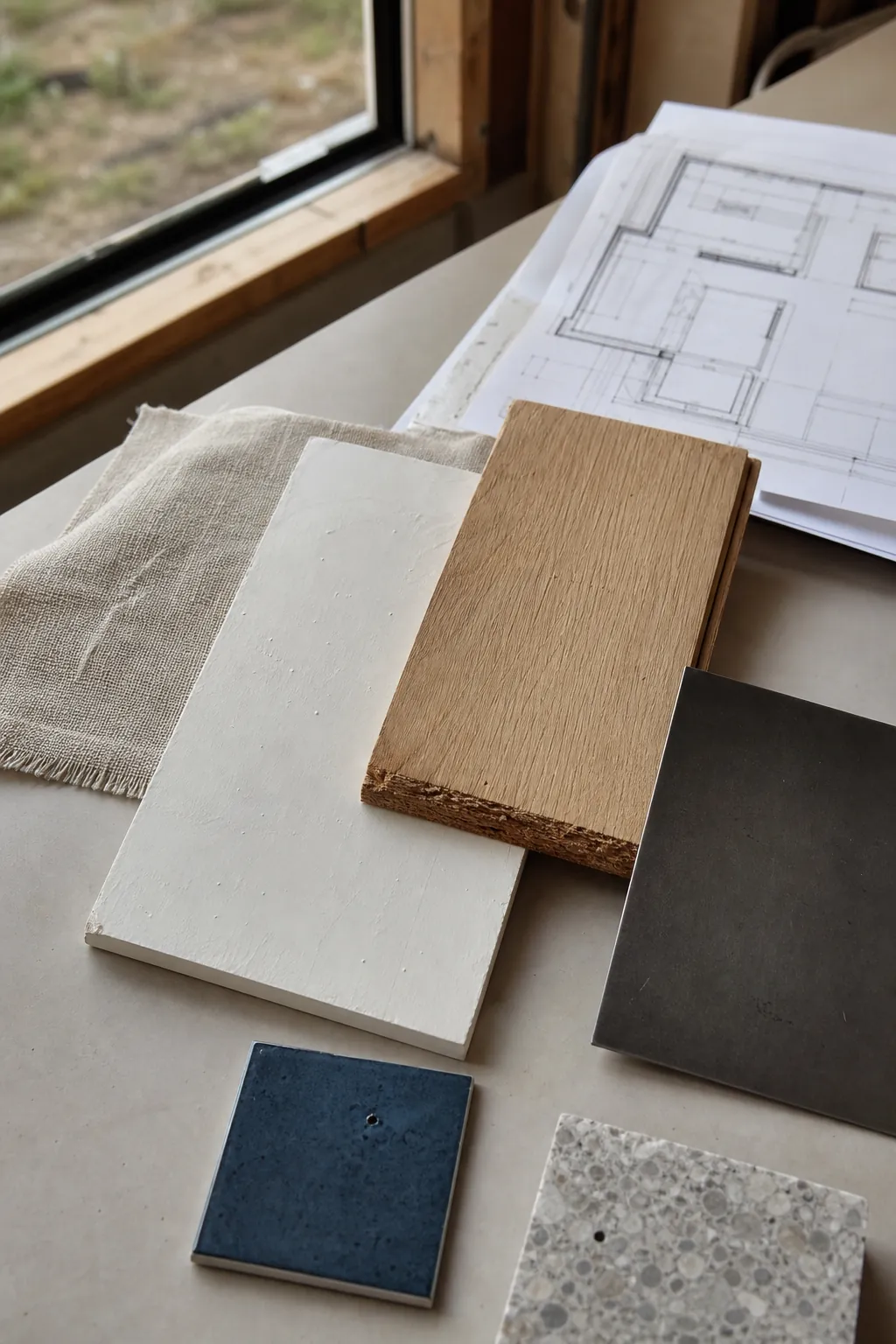 Restrained material palette for a tiny kitchen and bathroom