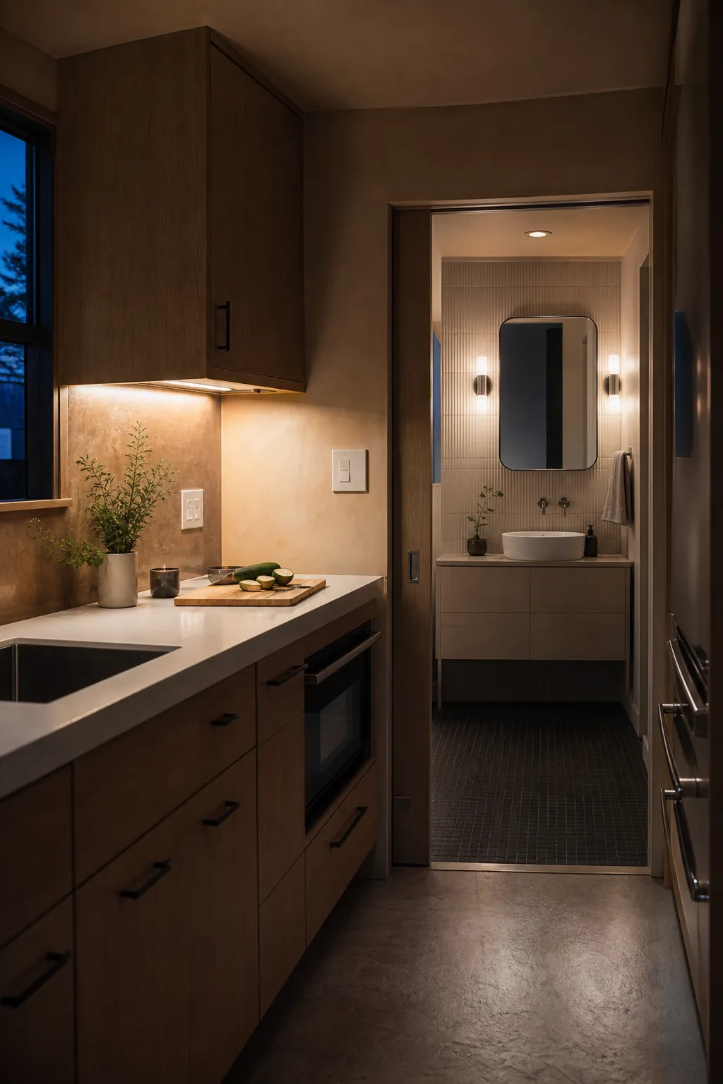 Layered task and ambient lighting in a compact tiny home interior