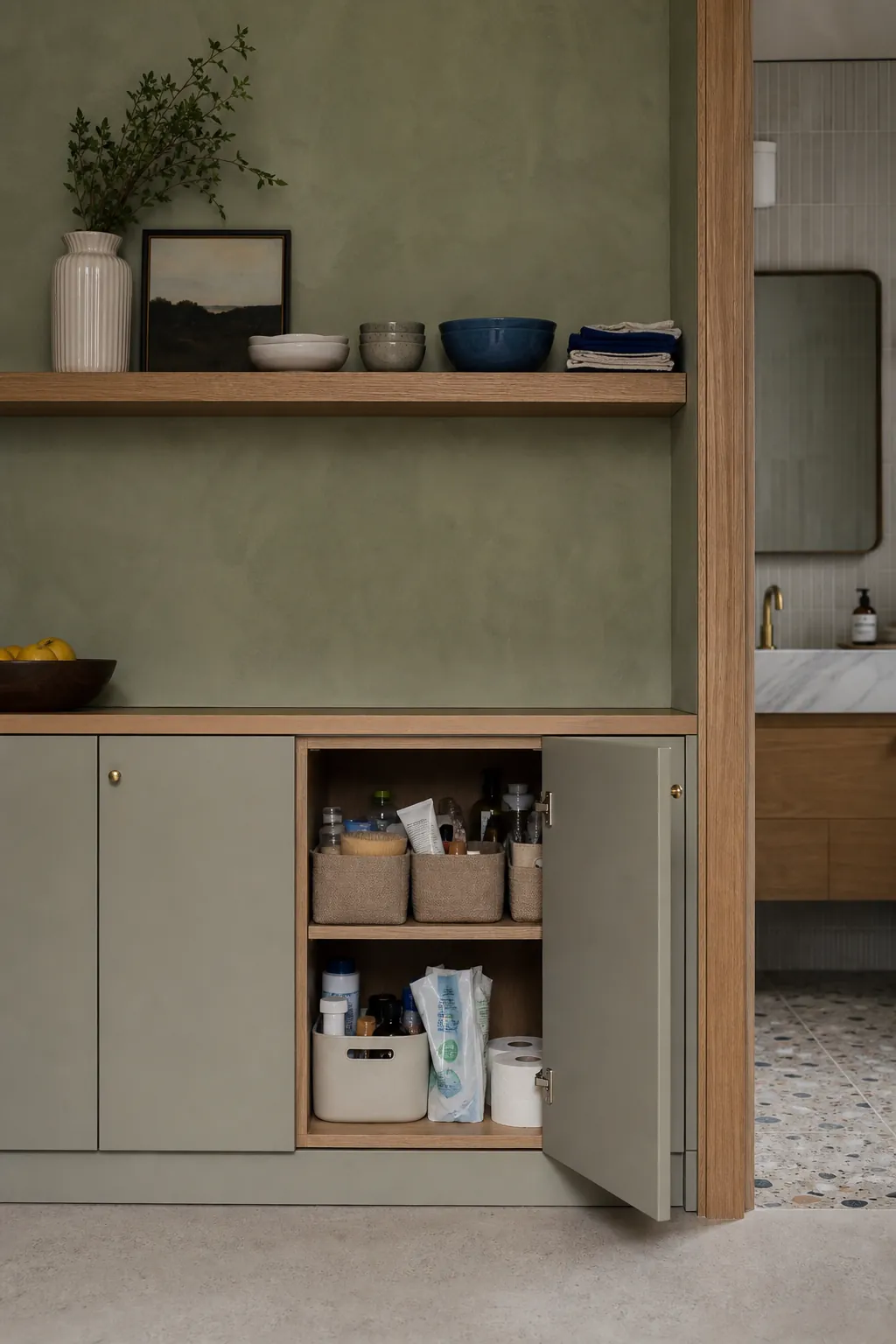 Edited open storage and quiet closed cabinets in a tiny house interior