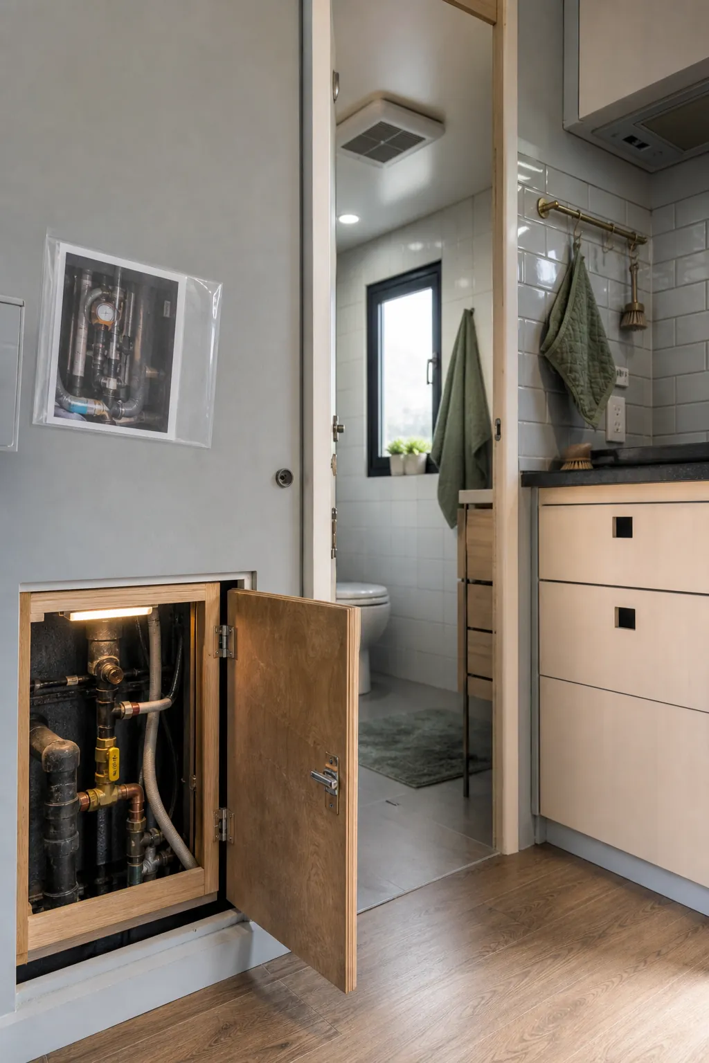 Durable easy-clean finishes and accessible services in a tiny home