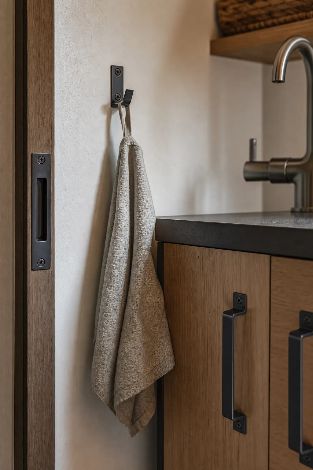 Consistent cabinet pulls hooks and fixtures in a tiny home