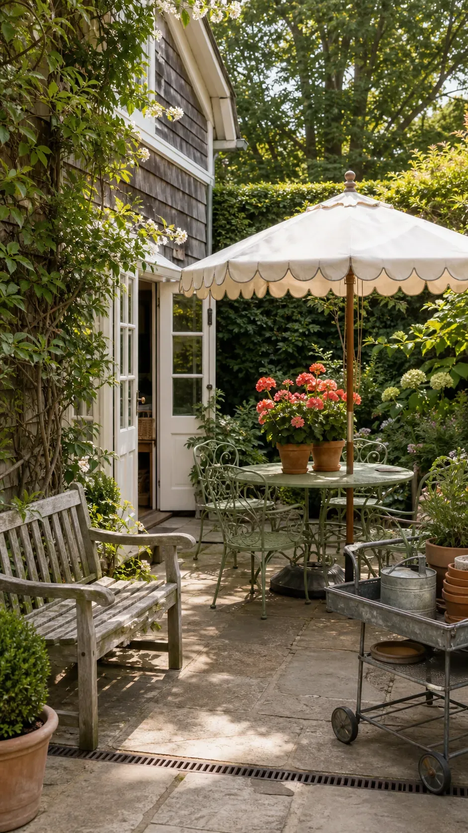 Collected outdoor vintage patio with restored iron seating, market umbrella, terracotta, and greenery