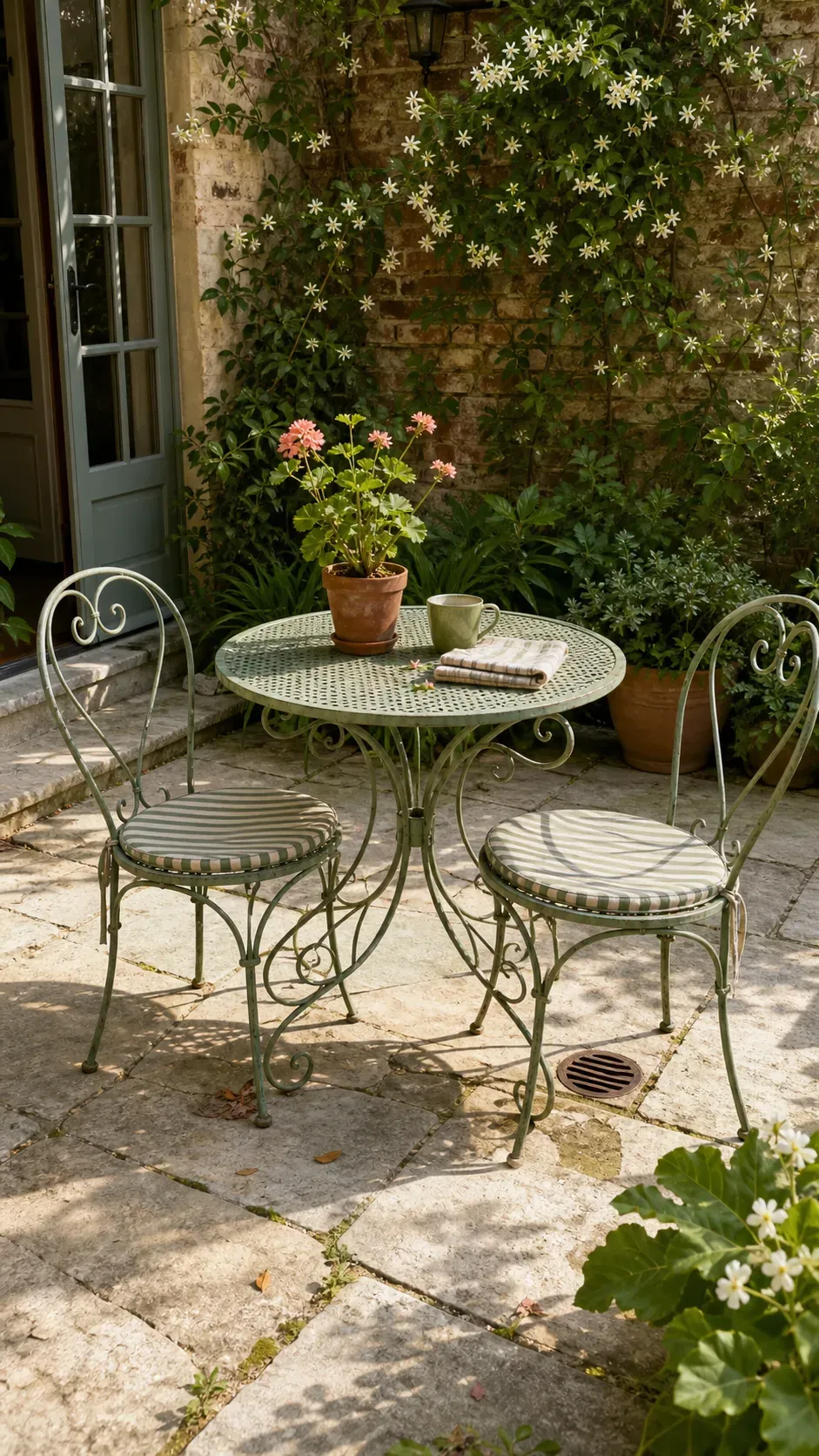 Restored vintage wrought-iron bistro set on a leafy stone patio