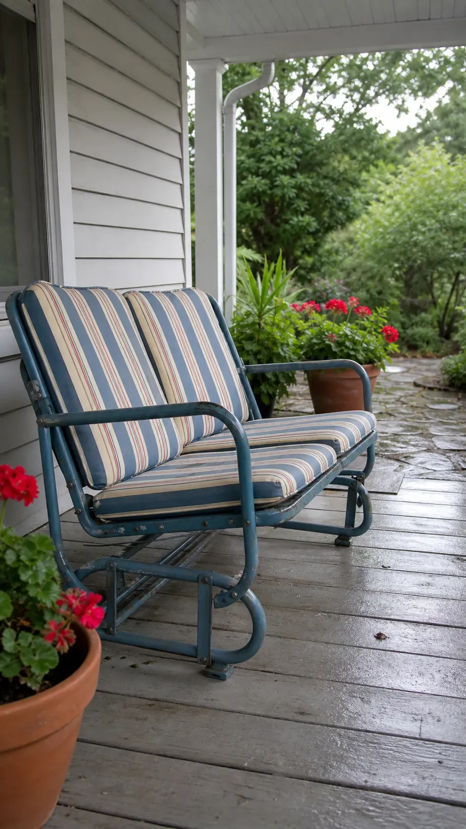 Repainted vintage metal glider with removable striped cushions