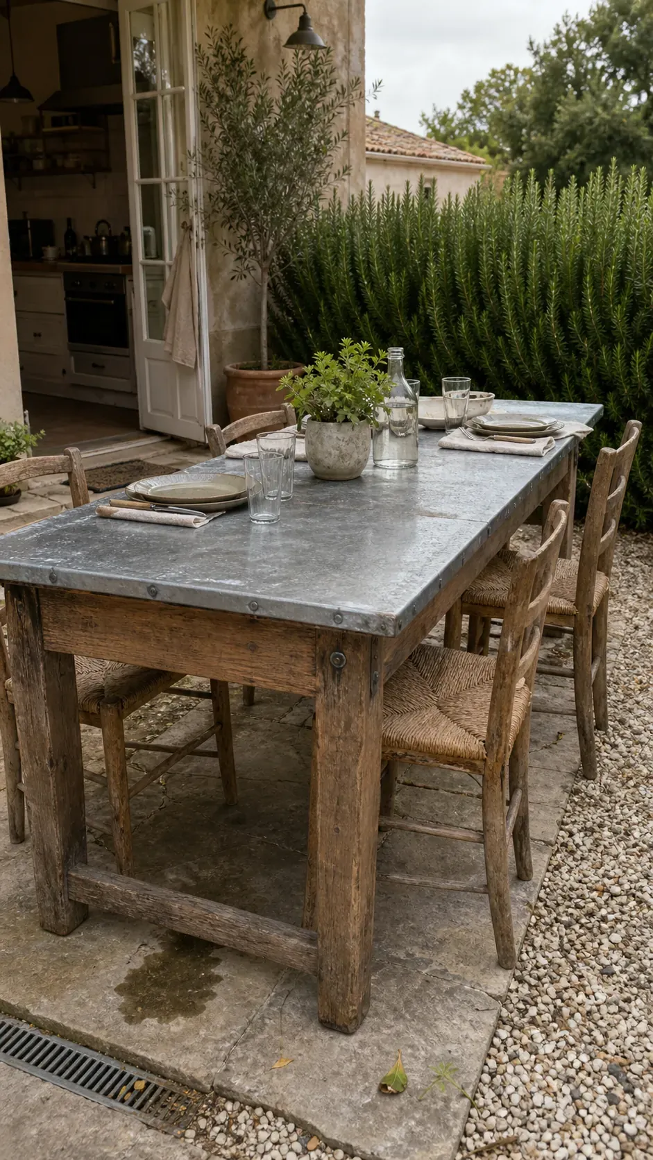 Zinc-topped farm table used for relaxed patio dining
