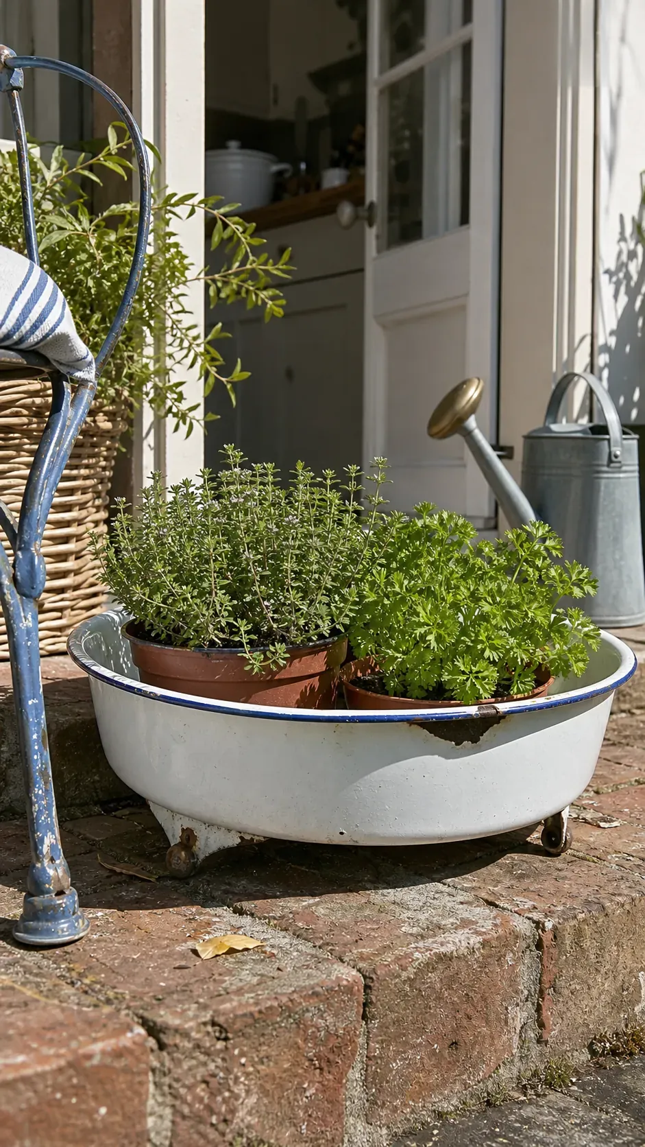 Vintage enamel wash basin repurposed as a patio herb planter